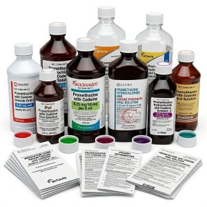 Promethazine with Codeine Oral Solution bottles from multiple brands, including Wockhardt, Guaifenesin? Akorn, PAI, and other manufacturer packaging for the Canadian market.