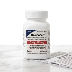 Sealed original container of 100 Rivacocet 5 mg/325 mg tablets, an opioid pain medication