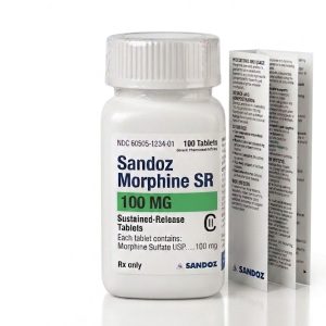 Sandoz Morphine 100 mg Tablets in the original manufacturer-sealed bottle containing 100 tablets for the Canadian market.
