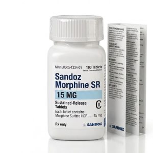 Sandoz Morphine 15 mg Tablets in the original manufacturer-sealed bottle containing 100 tablets for the Canadian market.