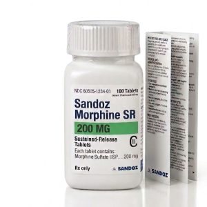 Sandoz Morphine 200 mg Tablets in the original manufacturer-sealed bottle containing 100 tablets for the Canadian market.