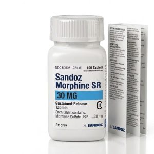 Sandoz Morphine SR 30 mg Tablets in the original manufacturer-sealed bottle containing 100 tablets for the Canadian market.