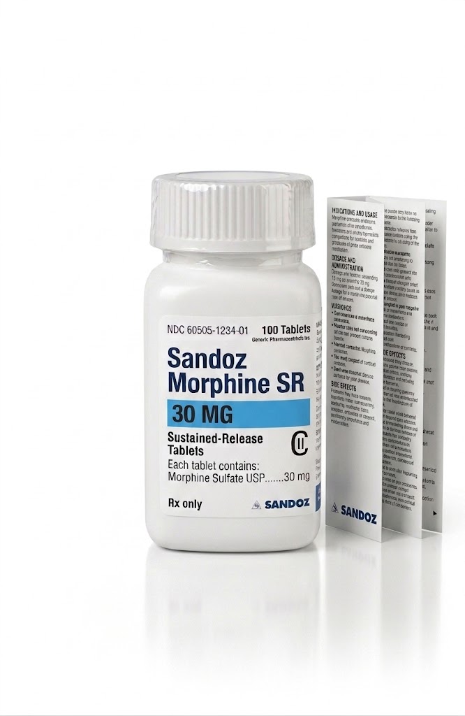 Sandoz Morphine SR 30 mg Tablets in the original manufacturer-sealed bottle containing 100 tablets for the Canadian market.