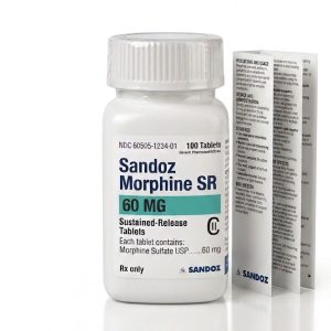 Sandoz Morphine 60 mg Tablets in the original manufacturer-sealed bottle containing 100 tablets for the Canadian market.