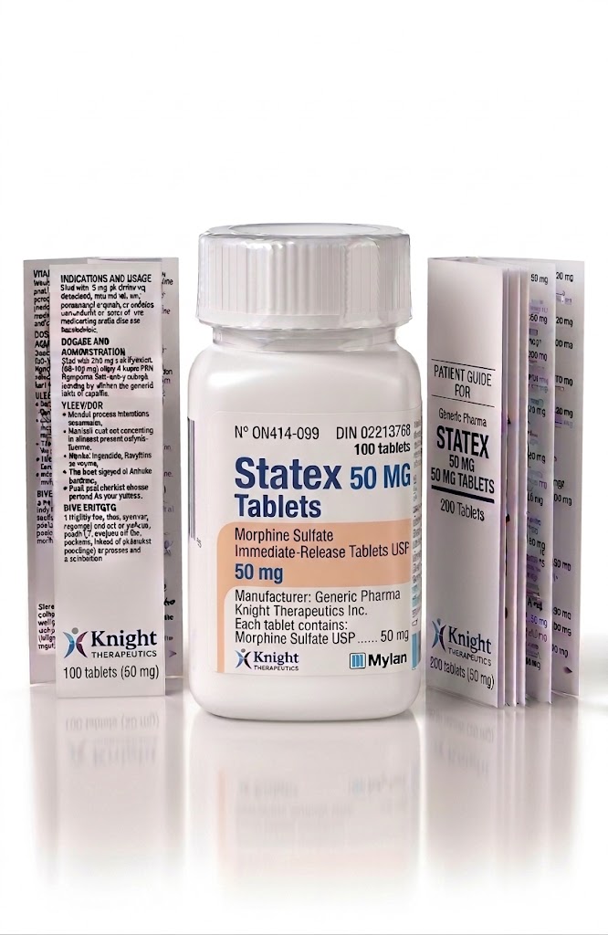Statex 50 mg Tablets in the original manufacturer-sealed bottle containing 100 tablets for the Canadian pharmacy market.