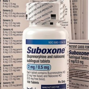 Suboxone 2 mg/0.5 mg Tablets in the original manufacturer-sealed bottle containing 100 tablets for the Canadian pharmacy market.