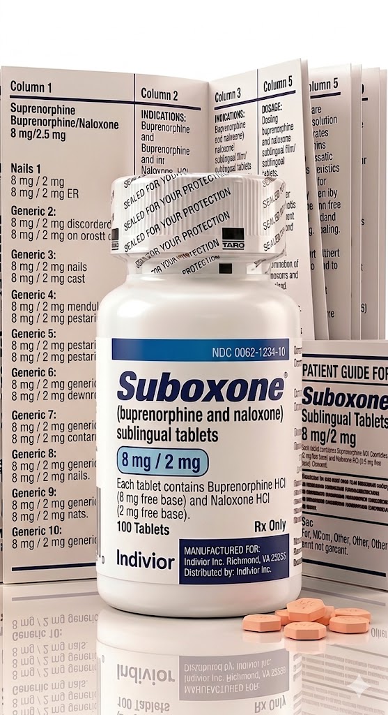 Suboxone 8 mg/2 mg Tablets in the original manufacturer-sealed bottle containing 100 tablets for the Canadian pharmacy market.