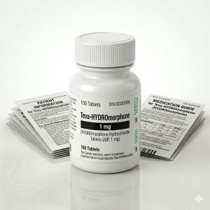 Teva-HYDROmorphone 1 mg Tablets in the original manufacturer-sealed bottle containing 100 tablets for the Canadian market.