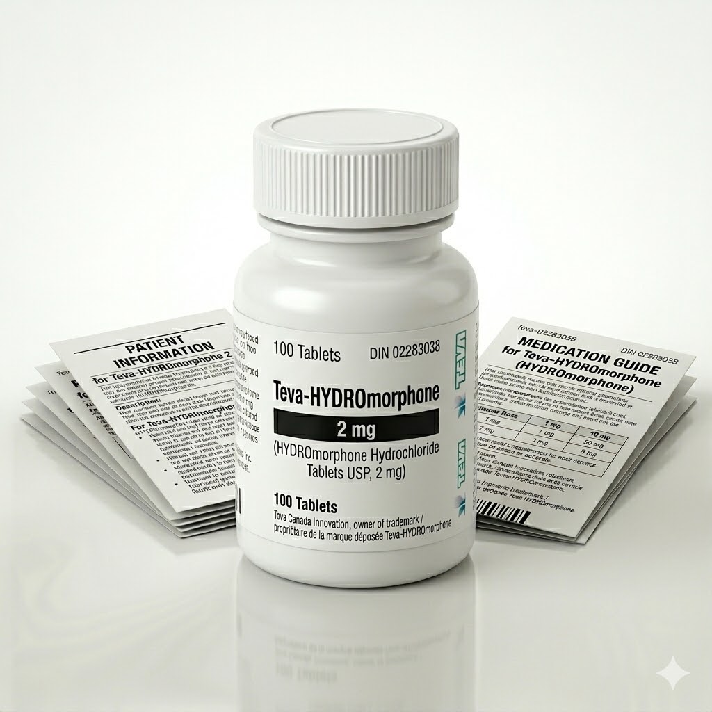 Teva-HYDROmorphone 2 mg Tablets in the original manufacturer-sealed bottle containing 100 tablets for the Canadian market.