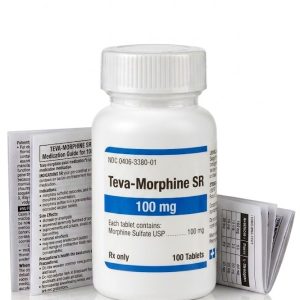 Teva Morphine SR 100 mg Tablets in the original manufacturer-sealed bottle containing 100 tablets for the Canadian market.