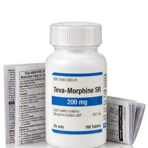 Teva Morphine SR 200 mg Tablets in the original manufacturer-sealed bottle containing 100 tablets for the Canadian market.