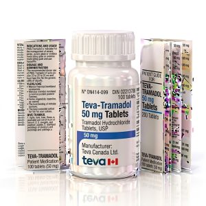 Teva Tramadol 50 mg Tablets in the original manufacturer-sealed bottle containing 100 tablets for the Canadian pharmacy market.