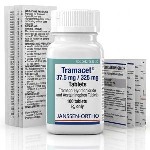 Tramacet 37.5 mg/325 mg Tablets in the original manufacturer-sealed bottle containing 100 tablets for the Canadian pharmacy market.