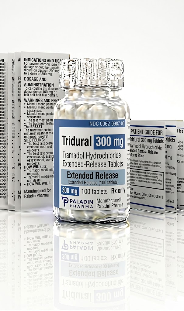 Tridural 300 mg Tablets in the original manufacturer-sealed bottle containing 100 tablets for the Canadian pharmacy market.